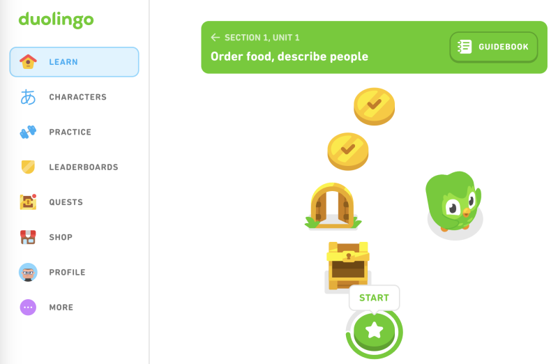 A screenshot of the 2024 Duolingo Japanese course 
